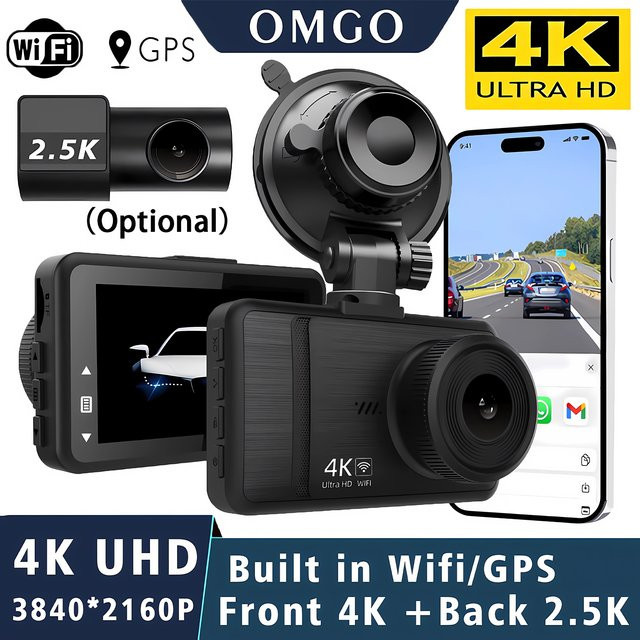 OMGO 4K Dash Cam Dual Kamera mit GPS und WIFI, 3840x2160P Auto DVR mit Nachtsicht und 24H Parkmodus, Schwarz - Bild 1