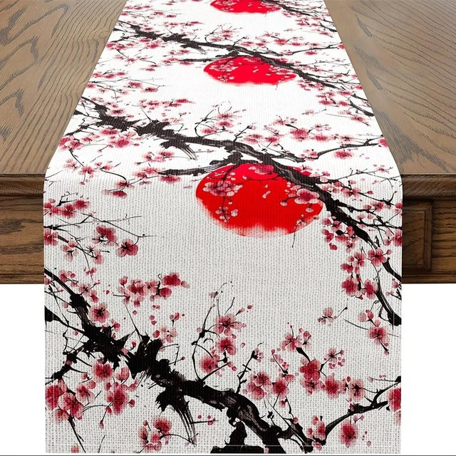 VIKAMA Tischläufer mit japanischem Blumenmuster in Grau und Weiß, wasserabweisend und pflegeleicht, B/T/H: 33 x 230 cm - Bild 1