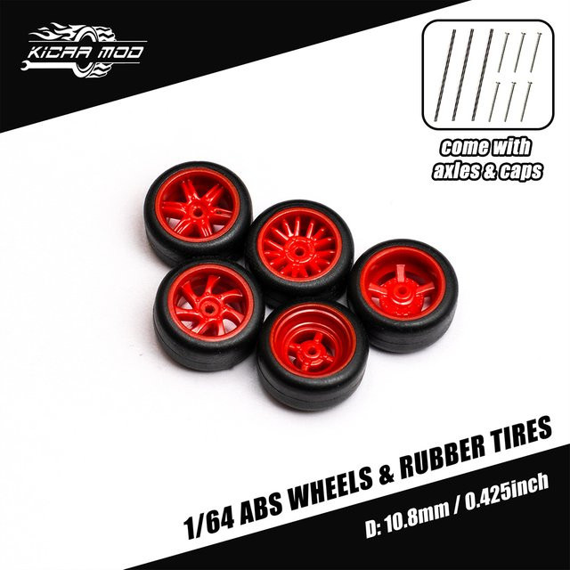 Hot Wheels Zubehör, 1:64 Modellauto, rote Räder mit Gummireifen, 4-teiliges Set - Bild 1
