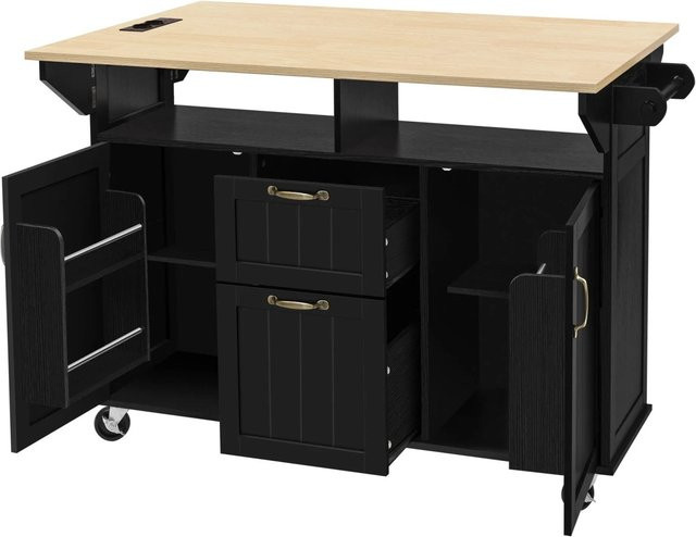 okwish Kücheninsel mit Rollen und Ausziehtisch in Schwarz, inklusive Schubladen und Handtuchhalter, B/T/H: 120 x 60 x 92 cm - Bild 1