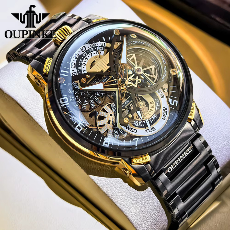 OUPINKE Herren Armbanduhr, Automatik, Edelstahl, Schwarz, Gold - Bild 3
