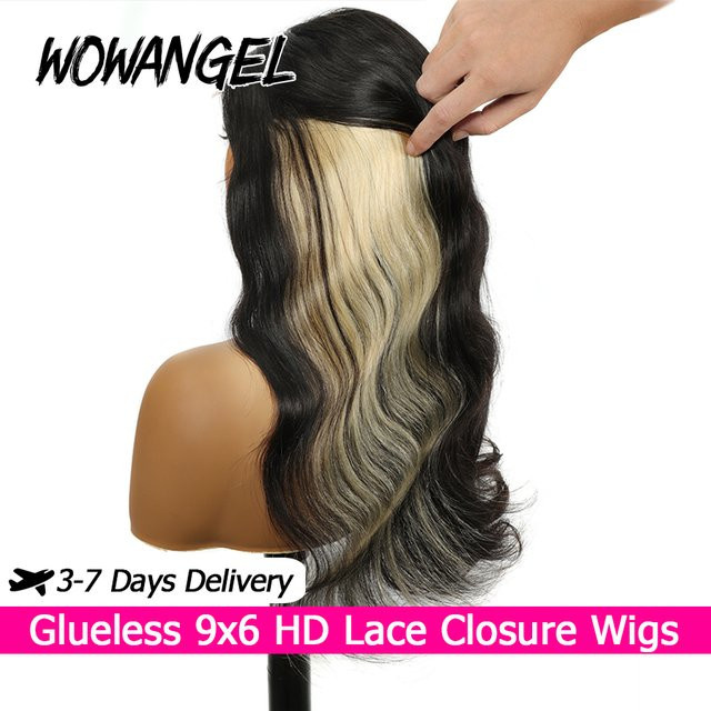 WOWANGEL Black and Blonde Quick Weave Skunk Stripe Perücke, Body Wave, Echthaar - Bild 1