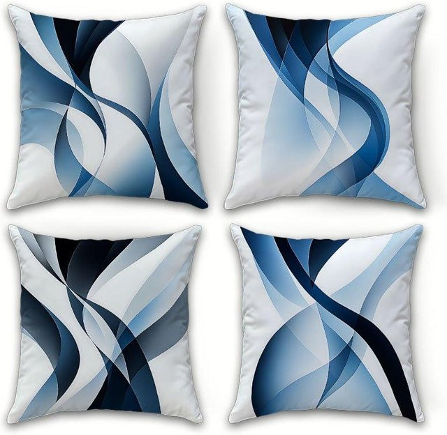 JMG Clothing Dekokissenbezug mit abstraktem blau-weißem geschwungenem Muster aus kurzem Plüsch, Farbe: Blau, Weiß, Grau, B/T/H: 35 x 35 x 0 cm - Bild 1