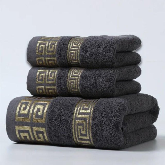 3-teiliges Set schwarze Baumwoll-Badetücher mit Jacquard-Design, bestehend aus 2 Hand- und Gesichtstüchern (B: 34 cm, H: 74 cm) und 1 großem Badetuch (B: 70 cm, H: 140 cm) - Bild 1
