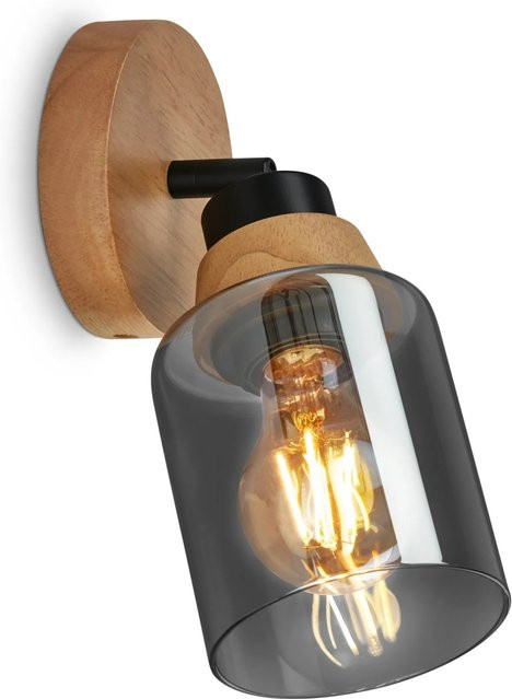 Brilo Wandleuchte Hema 1-flammig mit Rauchglas und Holzbasis in Schwarz und Braun, schwenkbar, E27 Fassung - Bild 1