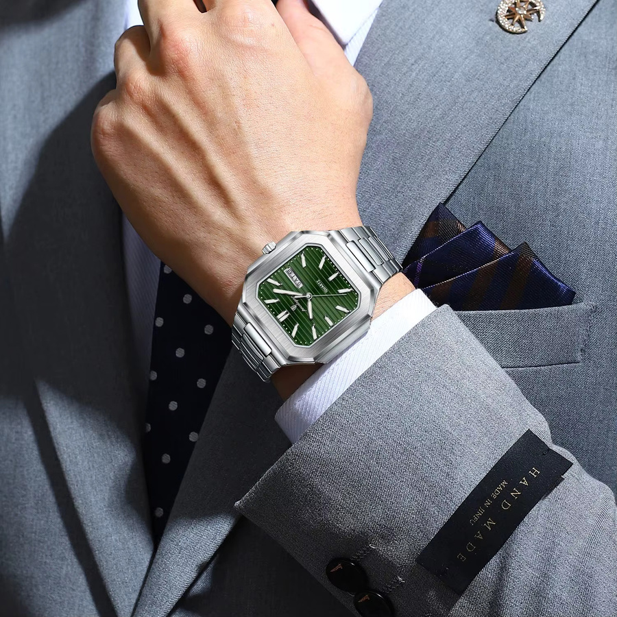 POEDAGAR Armbanduhr Quarz, Edelstahl, Silber, Grün, Herren - Bild 5