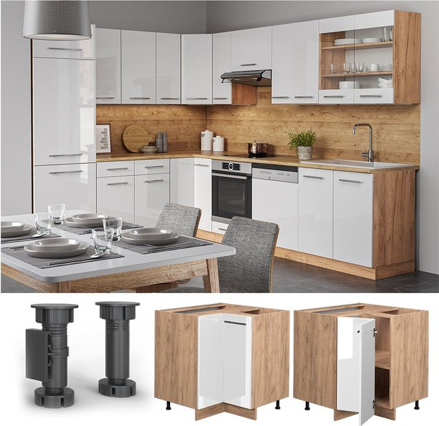 Vicco Eckunterschrank Fame-Line Küchenschrank in Weiß Hochglanz und Eiche mit Goldakzenten, modern mit Soft-Close-Türen und Einlegeböden, B/T/H: 82 x 80,5 x 52 cm - Bild 3