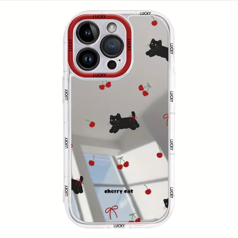 Black Cat Cherry LUCKY Spiegel-Handyhülle für iPhone 11 bis 17 Pro Max, Multicolor, Weiche Schutzhülle - Bild 2