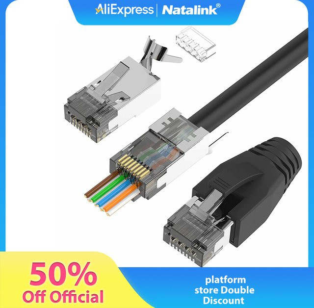Natalink CAT6A CAT7 RJ45-Stecker, modularer Netzwerkstecker, abgeschirmt, vergoldet, Schwarz/Silber - Bild 1