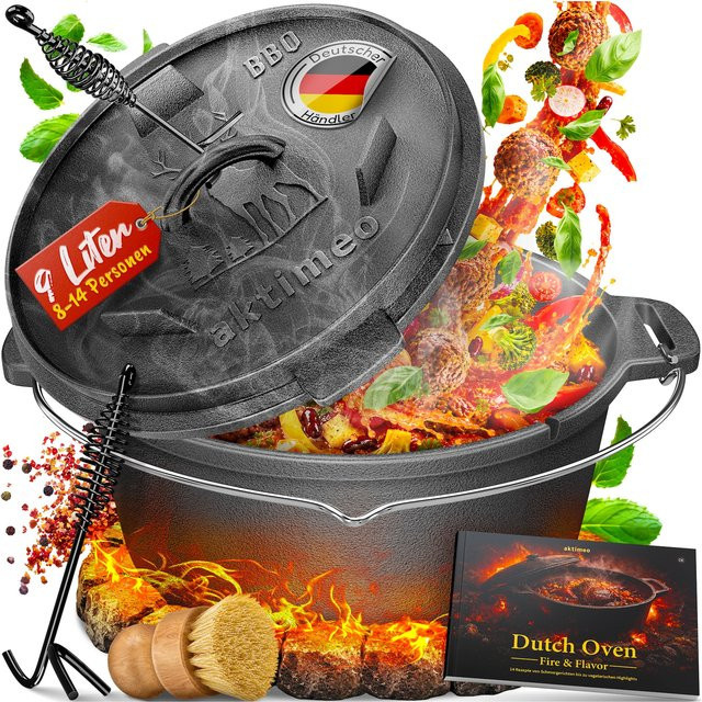 aktimeo Dutch Oven Gusseisentopf mit Deckel in Anthrazit, 9 Liter, inkl. Zubehör und Rezeptbuch, geeignet für Grill, Lagerfeuer, Backofen und Induktion - Bild 1