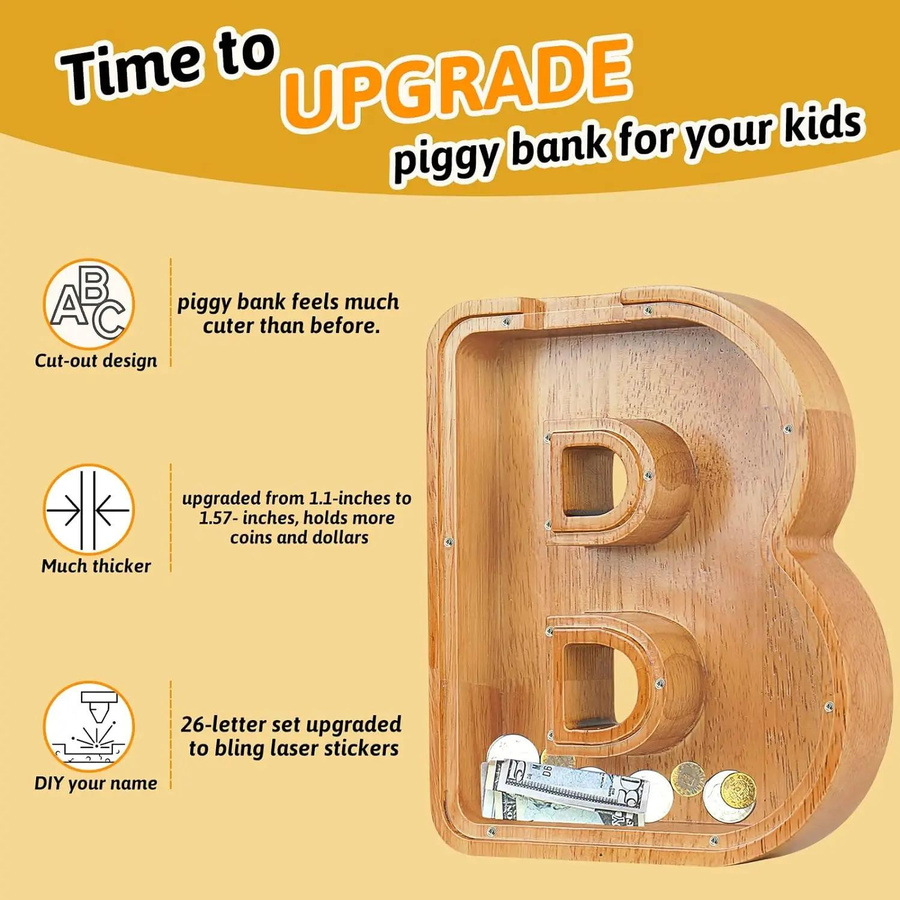 Personalisiertes Sparschwein aus Holz mit Alphabet-Buchstaben in Braun für Kinder - Bild 1