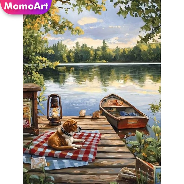 Momoart 5D DIY Diamant-Mosaik Flusslandschaft mit Boot als Kreuzstich-Gemälde in Multicolour, B/H: 30 x 30 cm - Bild 1