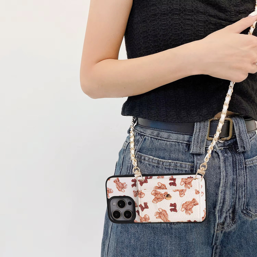 Kunstleder-Brieftaschenhülle mit Bärenmuster für iPhone 17, 16, 15 inklusive Kartenhalter, Spiegel und Umhängetasche mit Kettenriemen - Bild 4