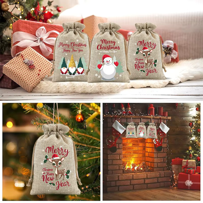 6 Stück Weihnachts-Geschenktüten aus Jute in Beige mit Kordelzug als wiederverwendbare Geschenkverpackung für Kekse und Süßigkeiten - Bild 3