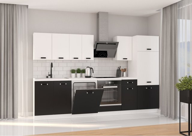 Küchenzeile Omega XL Einbauküche in Schwarz und Weiß matt, Breite: 300 cm - Bild 1