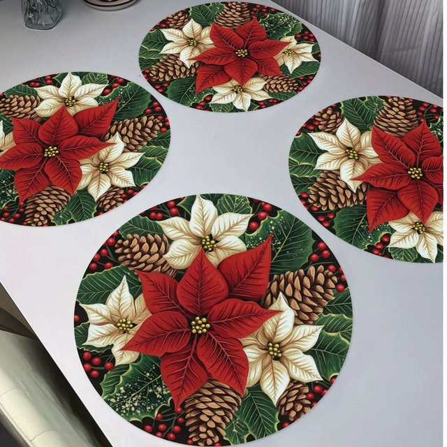 VIKAMA 4er Set Weihnachts Tischsets rund mit Tannenzapfen und Beeren Design, mehrfarbig, wasserdicht und wärmeisolierend - Bild 1