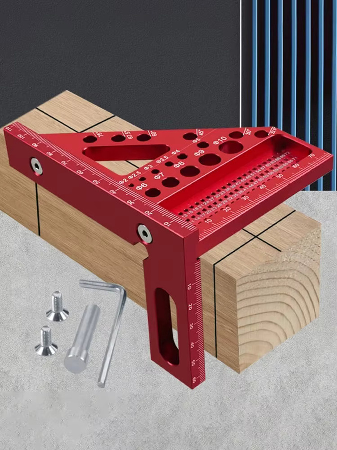 3D-Mehrwinkel-Messlineal aus Aluminiumlegierung in Rot, metrisches Holzbearbeitungs-Quadratlineal mit 45 Grad Winkel und präzisem Anreißfunktion - Bild 4