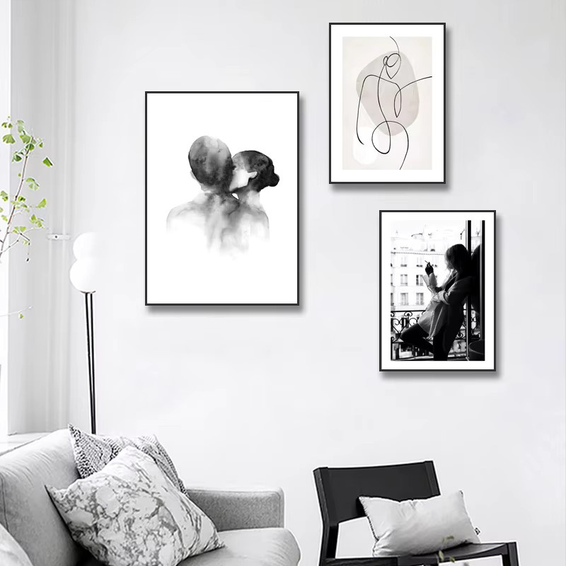 Potdemiel Wandkunst Aquarell Kuss Zeichnung als Leinwandmalerei im Nordic Style mit Motiv Rauchen in Paris in Schwarz - Bild 1