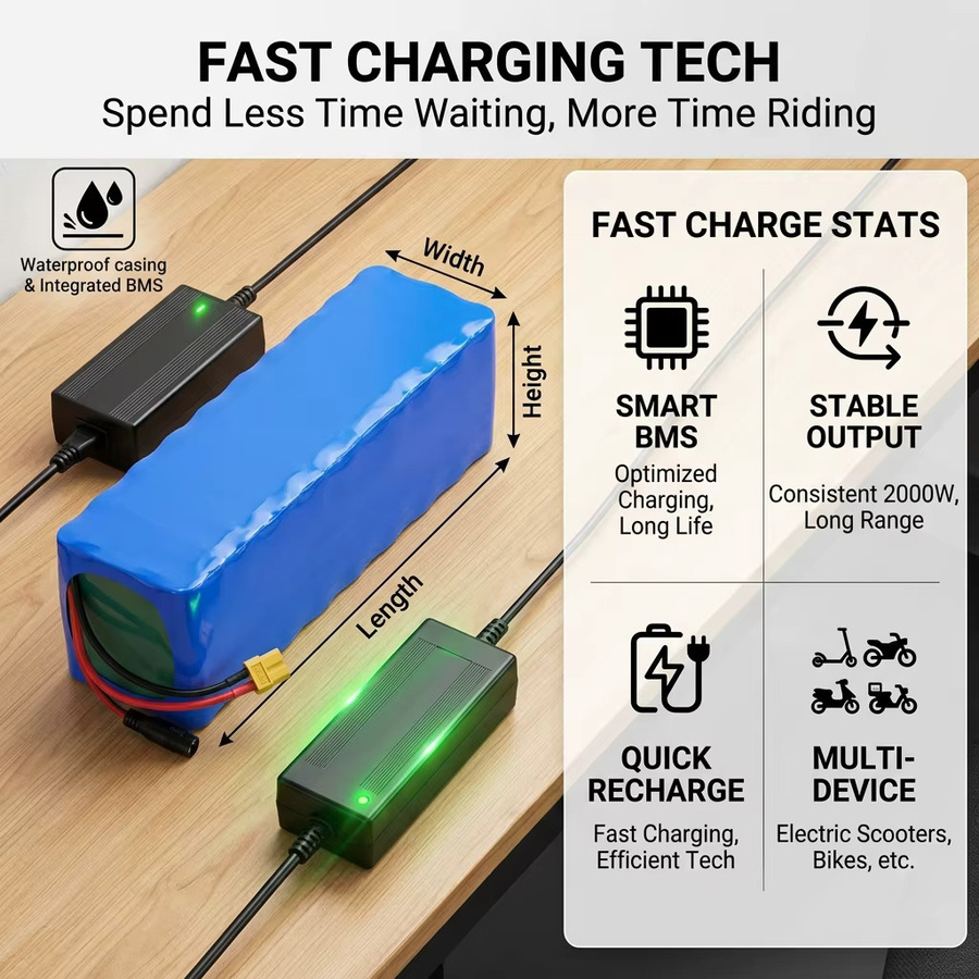 Ddadache Lithium-Akku für E-Scooter und Elektrofahrräder, 1000 W, 48 V, 13S3P, 100000 mAh, Blau, inklusive BMS und 54,6 V Ladegerät - Bild 6