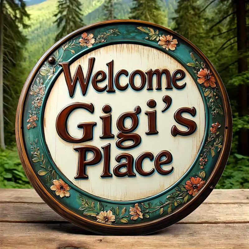 Rundes Aluminiumschild Potdemiel Welcome to Gigi's Place mit floralem Blumenmuster in Cyan und Braun, Wandkunst aus Metall, Durchmesser: 20 cm - Bild 2