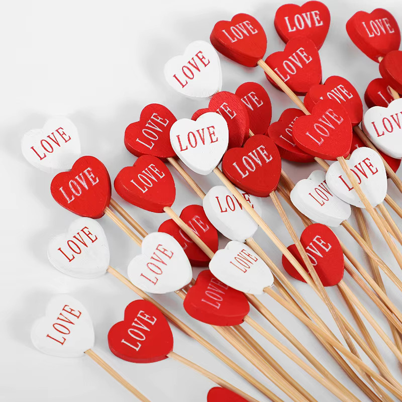 100 Stück ZQNYCY Herz Cupcake Topper aus Bambus in Rot für Hochzeit, Valentinstag und Party Dekoration - Bild 3