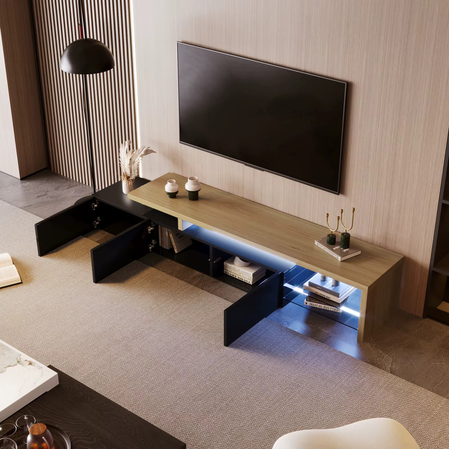 Rosahqnda TV-Schrank in Schwarz mit Hochglanz-Glasregalen und 3 Schubladen, modernes TV-Lowboard mit integrierter Beleuchtung, B/T/H: 200 x 39 x 42 cm - Bild 2