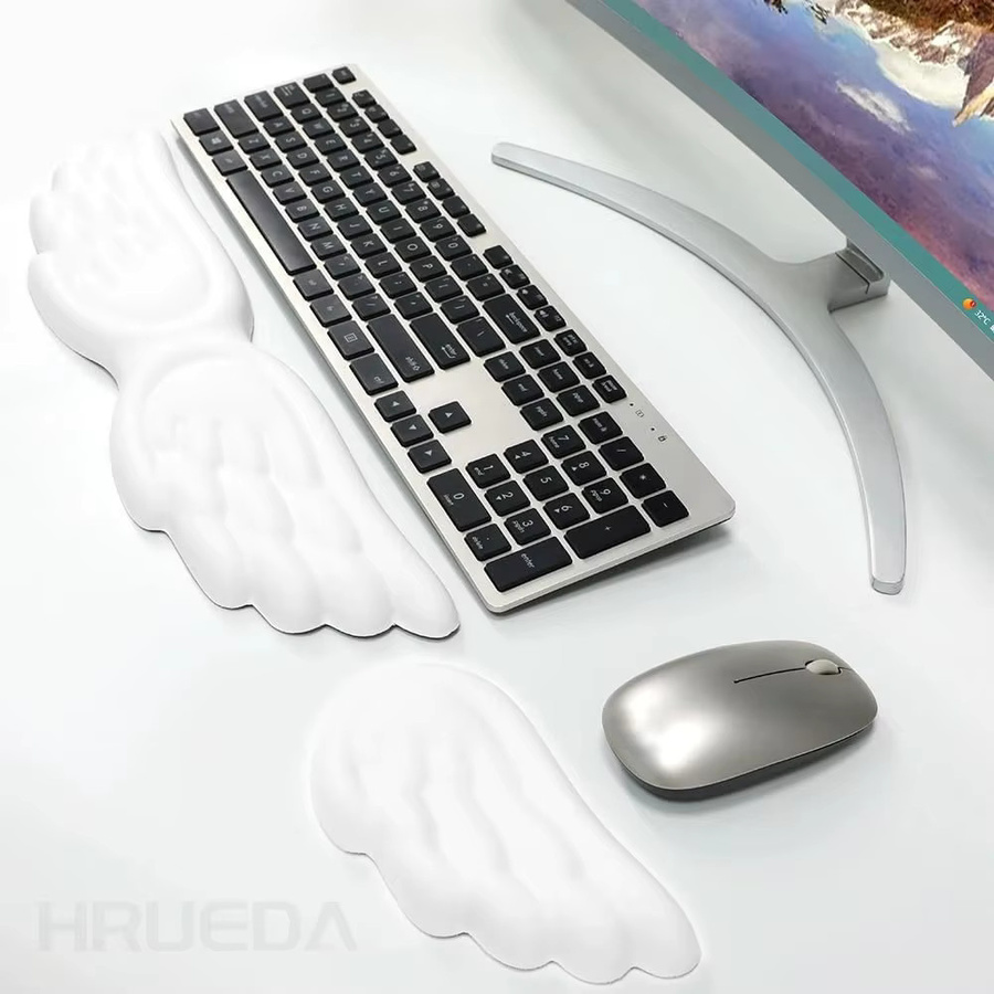 HRUEDA Tastatur-Maus-Handgelenkauflage Set mit Engelsflügel-Design aus Memory-Schaum in Lila und Weiß, ergonomisch und rutschfest für Computer und Laptop - Bild 3