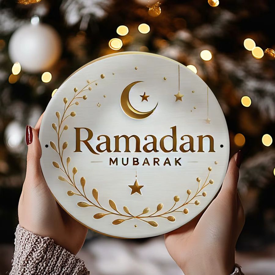 Potdemiel Ramadan Mubarak Aluminiumschild mit Halbmond, Sternen und Kranz in Weiß und Gold - Bild 3