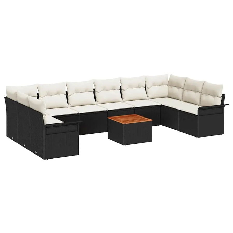 vidaXL 11-teiliges Garten-Sofa-Set aus Poly Rattan und Akazie in Schwarz-Creme mit Kissen und Stauraum - Bild 2