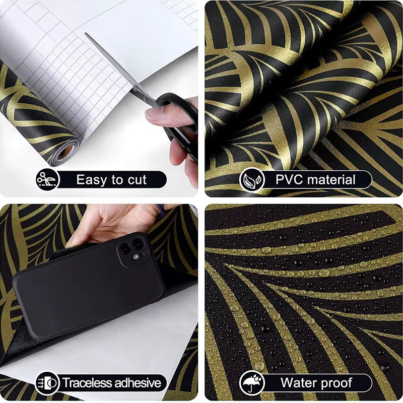 KALYNN Selbstklebende Tapete im Art-Deco-Stil mit geometrischem Muster in Schwarz-Gold, PVC-Wandaufkleber, Breite: 44 cm - Bild 4