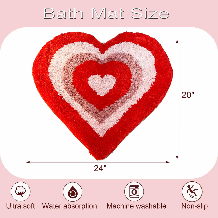 VIKAMA Herz-Badematte in Rot, herzförmiger Badezimmerteppich mit Grafikdesign, Breite: 60 cm, Tiefe: 50 cm - Bild 2