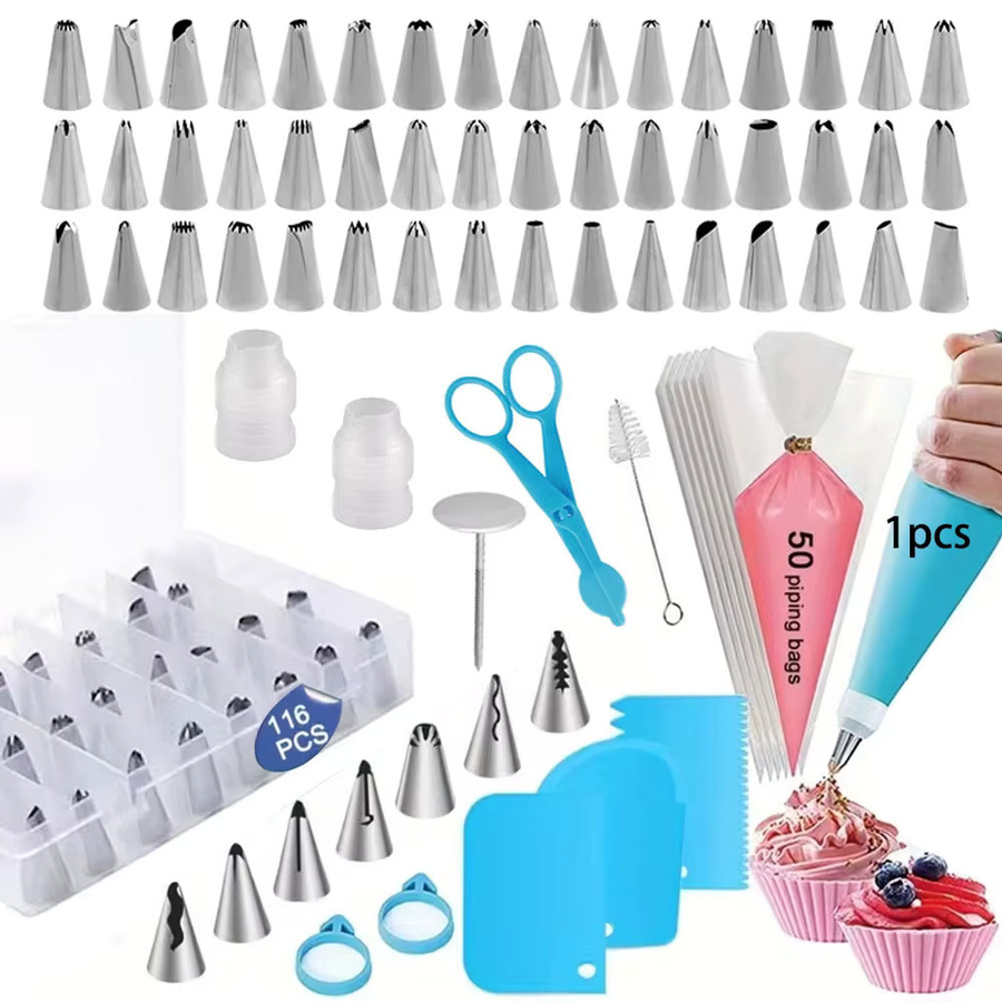 XMSJ 116-teiliges Kuchendekorations-Set in Pink mit Aufbewahrungsbox und Spritzbeuteln aus Edelstahl für Anfänger - Bild 1