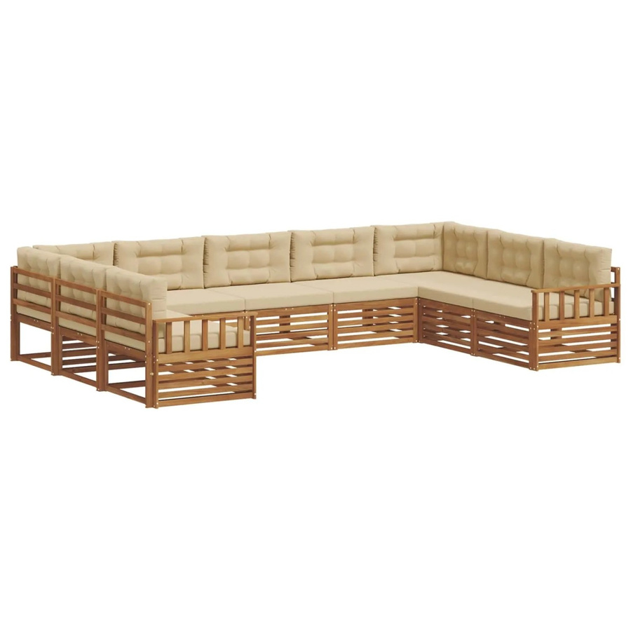 vidaXL Sofagarnitur aus Akazie Massivholz in Natur und Beige, 9-teiliges Gartenmöbel-Set in U-Form mit Sitz- und Rückenkissen - Bild 2
