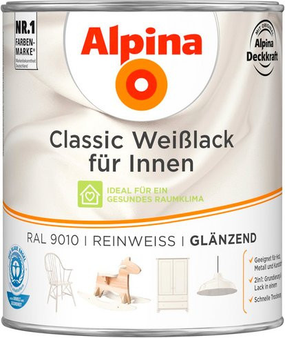 Alpina Farben Weißlack Classic glänzend weiß wasserbasiert lebensmittelecht 0,75 l - Bild 1