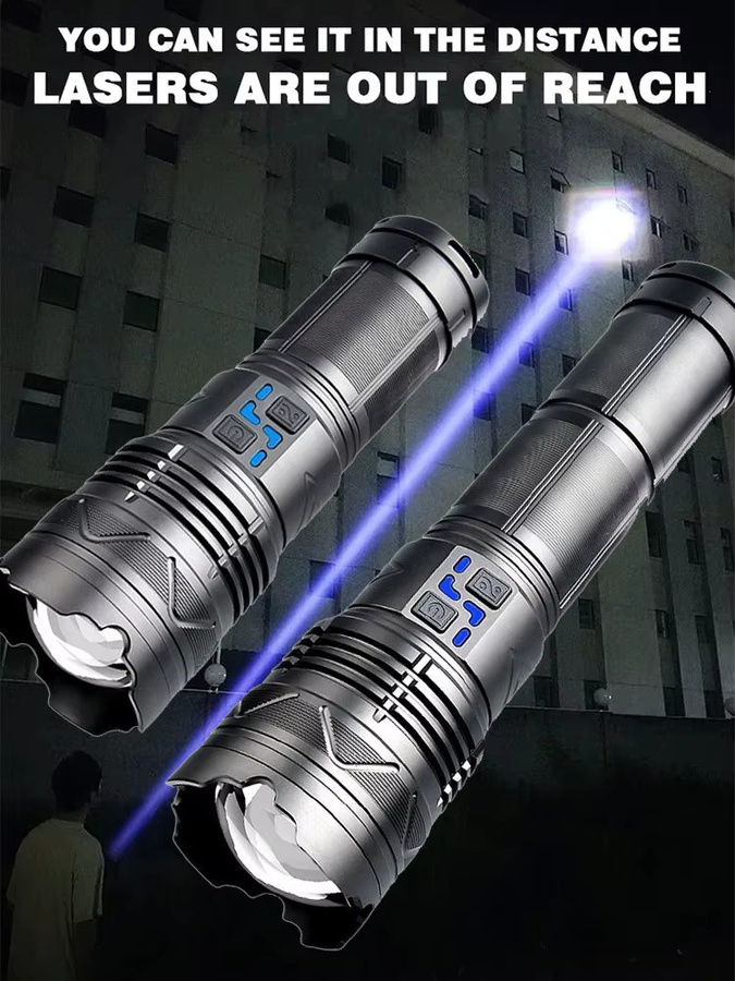 ESMARTER GT60 Taktische LED-Taschenlampe in Schwarz mit 20000 Lumen und 100 W Leistung, USB-wiederaufladbar mit 4 Batterien - Bild 7
