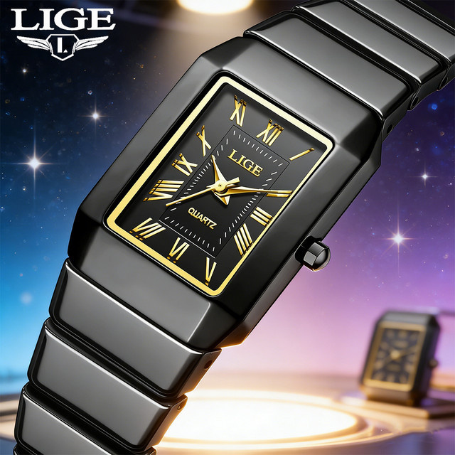 LIGE Armbanduhr, Keramik, Schwarz, Eckig, Quarz, Damen - Bild 1
