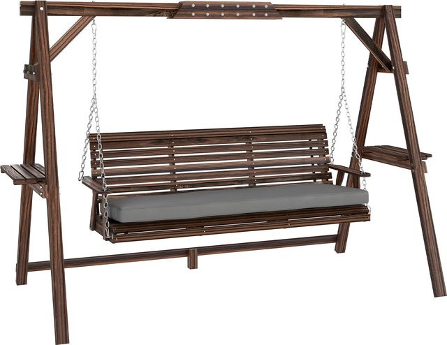 Outsunny 3-Sitzer Gartenschaukel aus Tannenholz mit Sitzauflagen und Ablagen, braun/schwarz - Bild 1