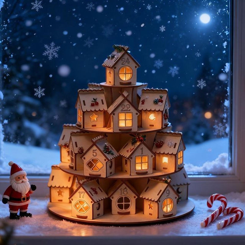 Fashnics Holzer Adventskalender Haus mit 24 Häusern in Braun als DIY Bastelset für Kinder und Familien zur Weihnachtsdekoration - Bild 1