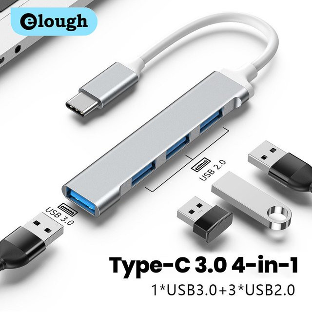 Elough USB-C Multi-Port Hub mit USB 3.0 und USB 2.0 Anschlüssen, Mini USB-C Kartenleser und Extender für Maus und Tastatur, Farbe: Silber/Grau - Bild 1