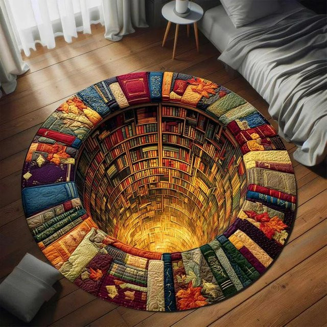Runder Teppich Lodestar mit Bibliotheksbuch-Design, buntes Trippy-Muster für deine Leseecke, Durchmesser: 80 cm - Bild 1