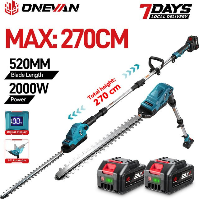 ONEVAN Elektrische Heckenschere mit Hochastschneider, 2000W, kabellos, Blau, kompatibel mit Makita LXT Akkus - Bild 1