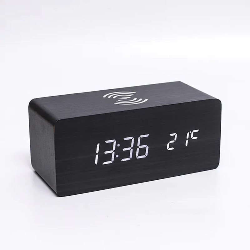 TOMTOP JMS Digitaler Holz-Wecker mit LED-Anzeige, 10W Wireless Charging, Thermometer und Datumsanzeige, Schwarz - Bild 11