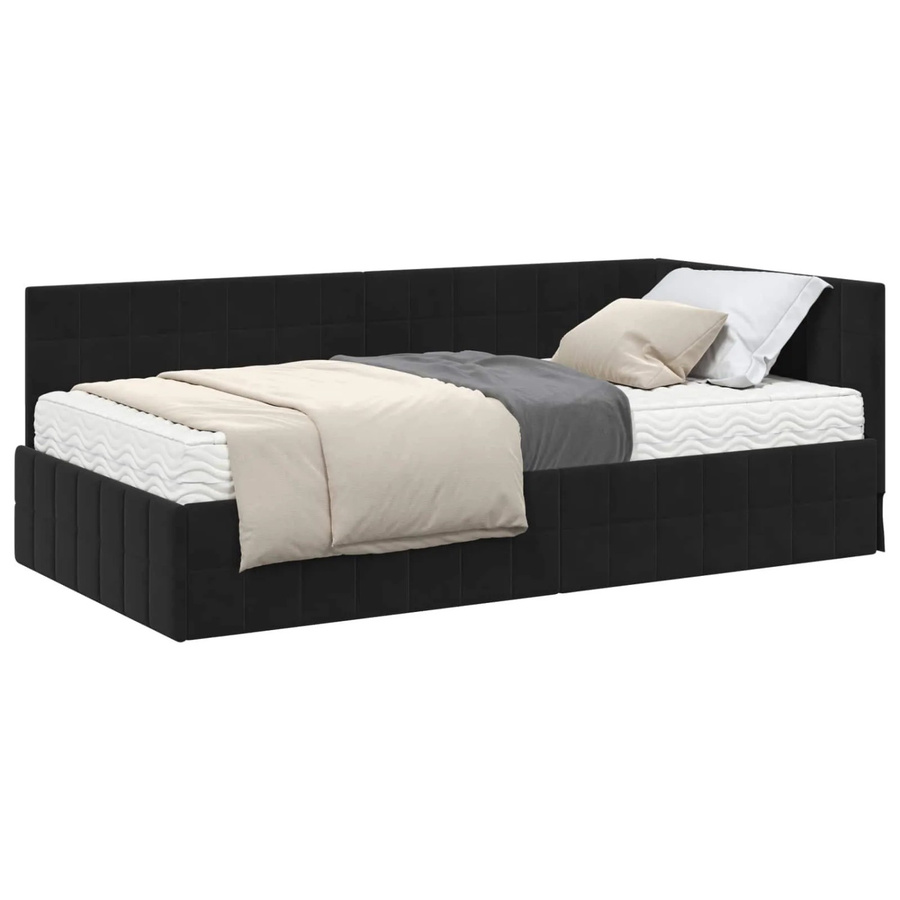 vidaXL Eckbettgestell mit 2 Matratzen und Kopfteil in Schwarz aus Samt, B/T/H: 90 x 200 x 72 cm und 90 x 200 x 104 cm - Bild 2