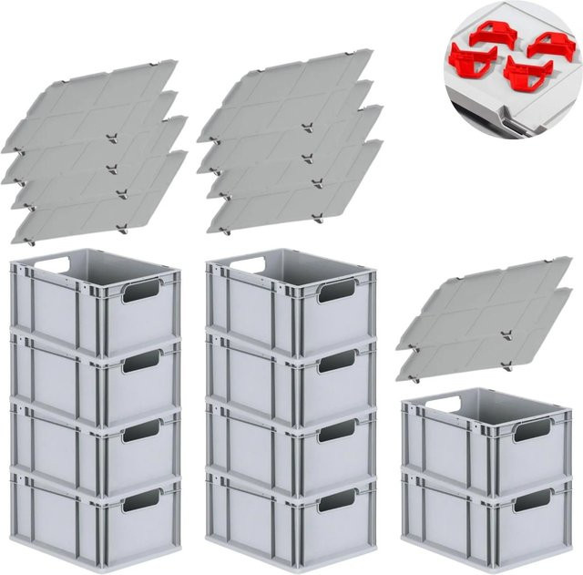 PROREGAL Spar Set 10x Eurobox Nextgen Economy mit Auflagedeckel und 4x Schiebeschnappverschlüssen, Farbe: Rot, H x B x T: 22 x 30 x 40 cm, 20 Liter - Bild 1