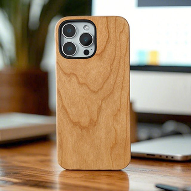 Stoßfeste Apple iPhone 16, 16 Pro und 16 Pro Max Handyhülle aus Natur-Kirschholz in Braun - Bild 1
