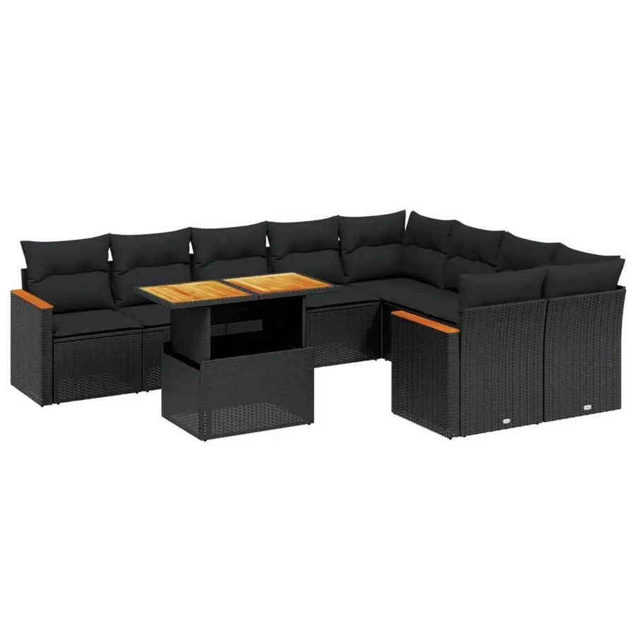 vidaXL 10-tlg. Garten-Sofagarnitur in L-Form aus Polyrattan und Akazienholz mit Kissen, Schwarz - Bild 2