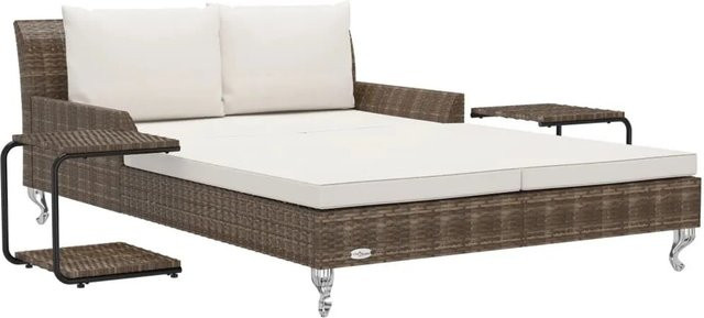 Furnicato Doppelte Sonnenliege Gartenbett aus braunem PE-Rattan mit cremeweißen Kissen, B/T/H: 200 x 132 cm - Bild 1