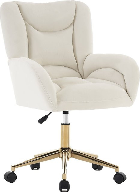 Ergonomischer Drehstuhl aus Samtstoff mit goldenen Metallbeinen von DEKO COLLECTION in Elfenbein, B/T/H: 62 x 64 x 88-97 cm - Bild 1