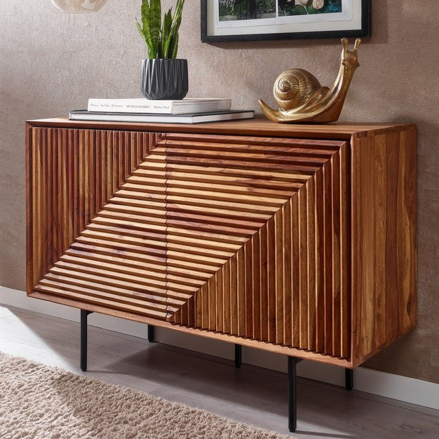 Finebuy Sideboard aus Massivholz Sheesham in Braun mit 2 Türen und schwarzen Metallakzenten im Retro Design, Breite: 100 cm - Bild 1