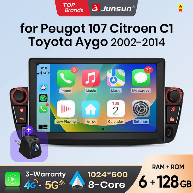 Junsun 7 Zoll Kabelloses CarPlay und Android Auto Autoradio für Peugeot 107 Toyota Aygo Citroen C1, Multimedia Stereo-Videoplayer mit IPS Touchscreen in Schwarz - Bild 1
